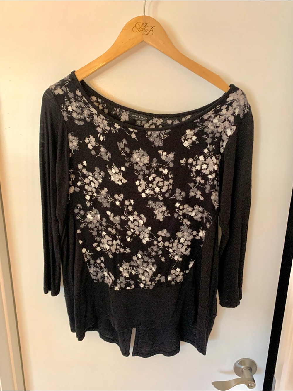 Lucky Brand Black Long Sleeve Floral Scoop Neck Top